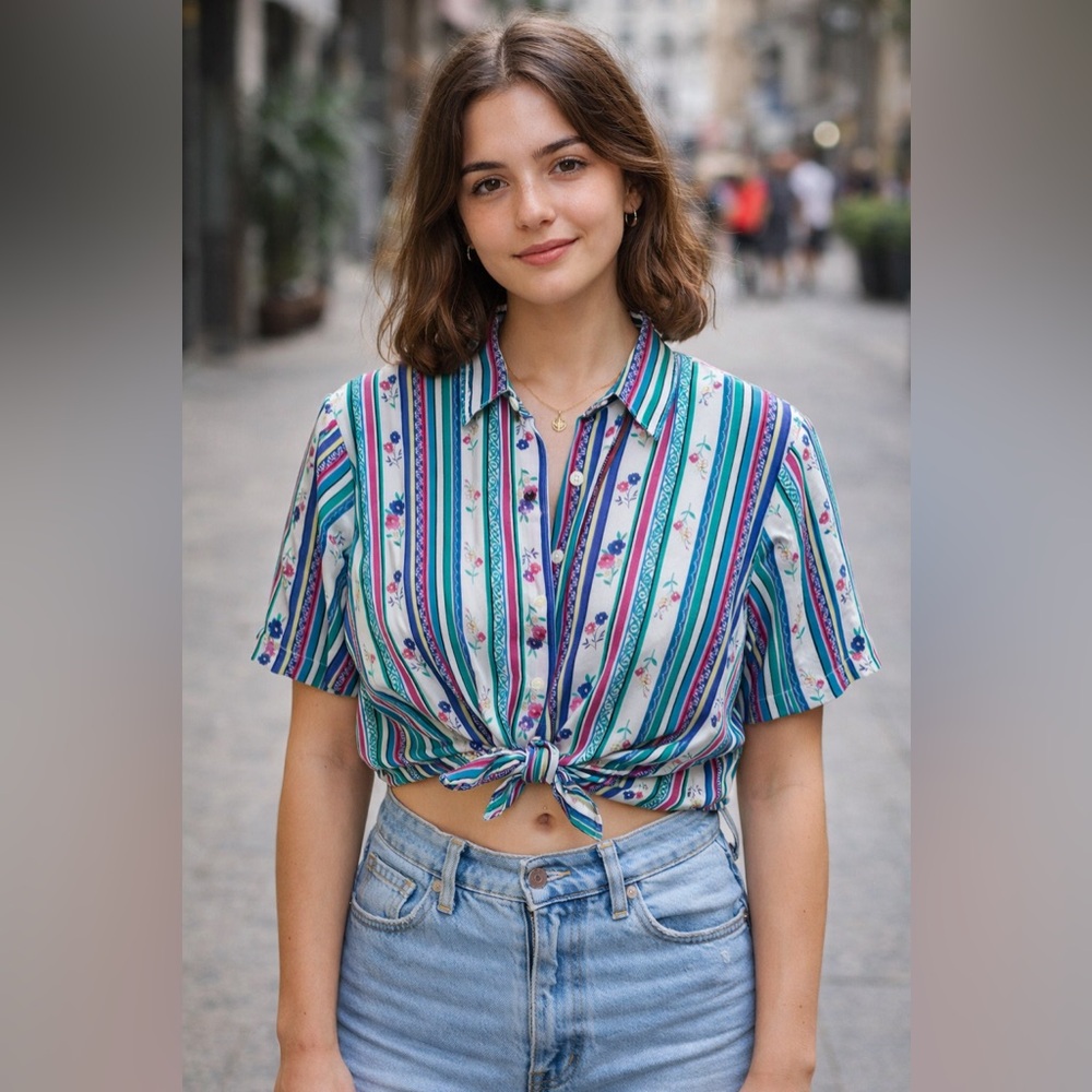 Koret Striped Floral Tie-Front Button Down Shirt in Teal, Blue & Purple